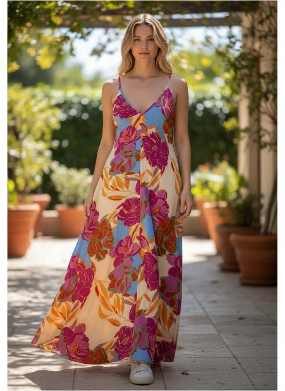 Stitch + Feather Floral Maxi Dress Boho Cottagecore Vacation Dress Size L